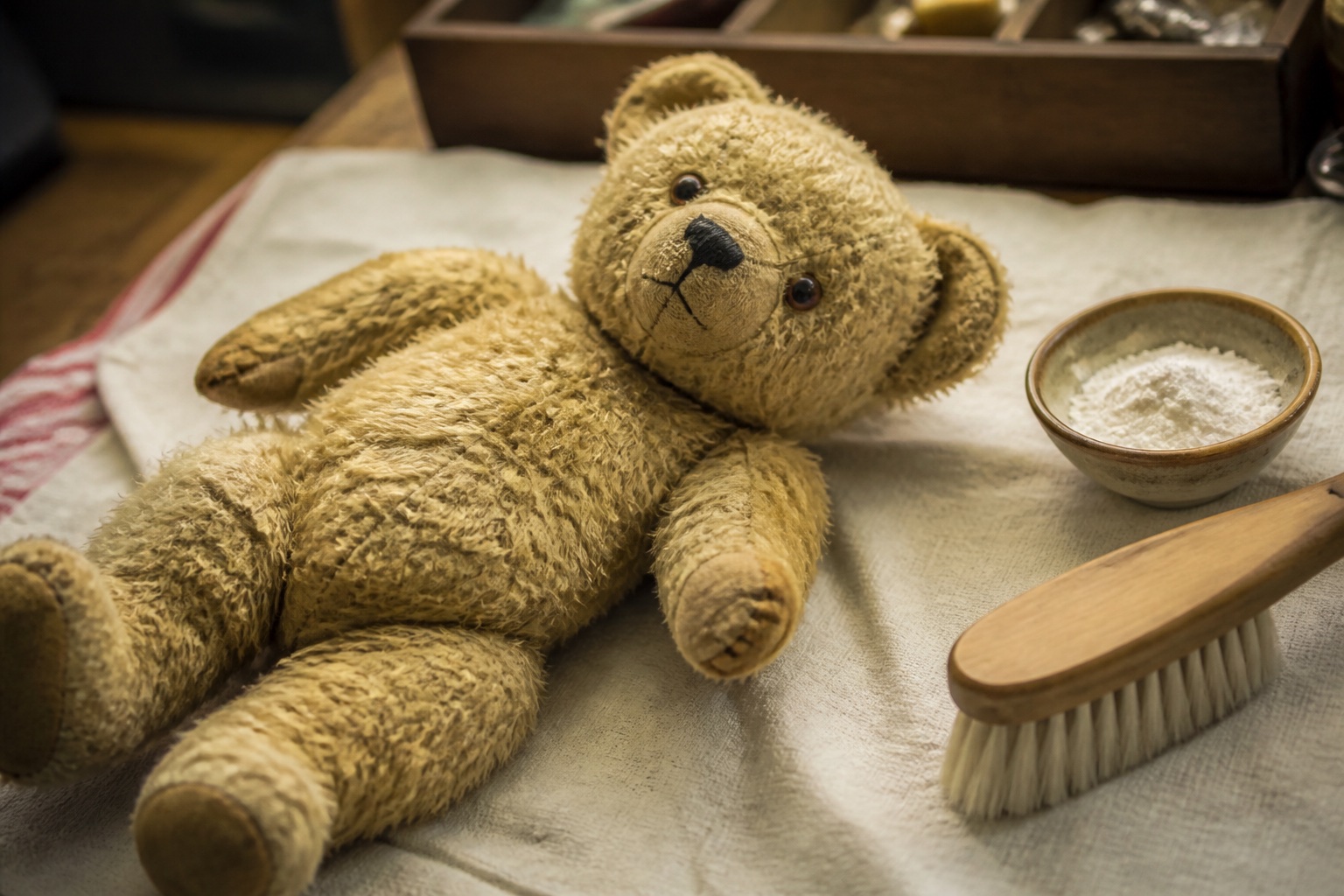 Alter goldfarbener Mohairbär auf einem Tuch, daneben eine Schale Speisestärke und eine weiche Bürste