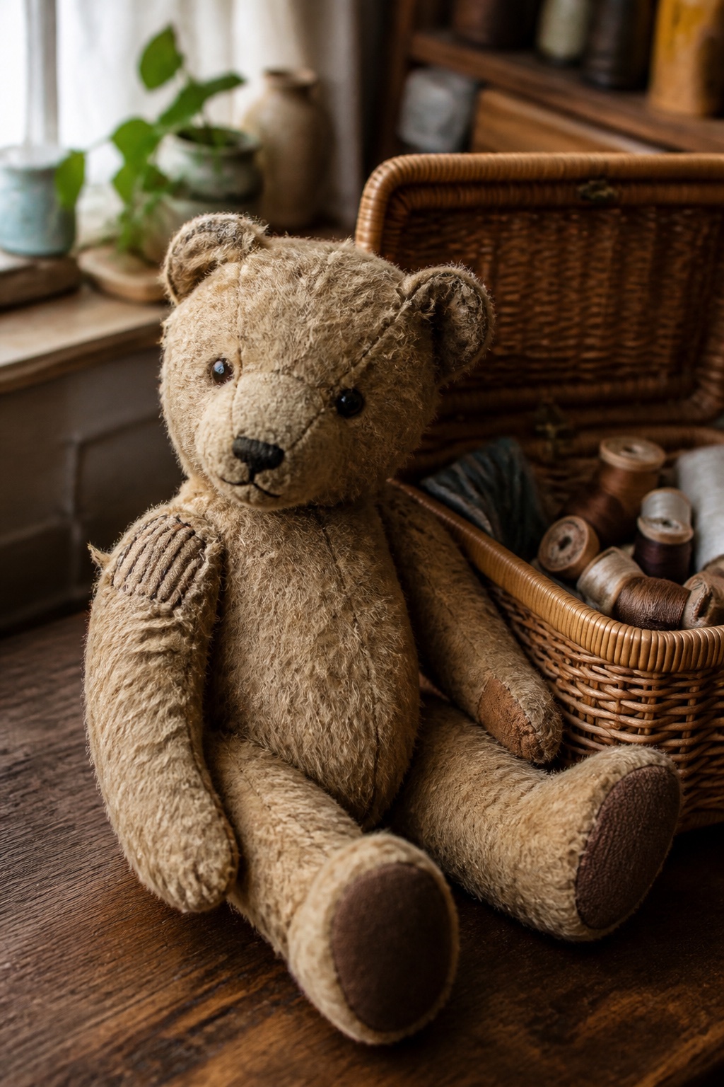 Alter Teddybär mit sichtbar geflickter Schulternaht liegt neben einem offenen Nähkorb mit Garnrollen