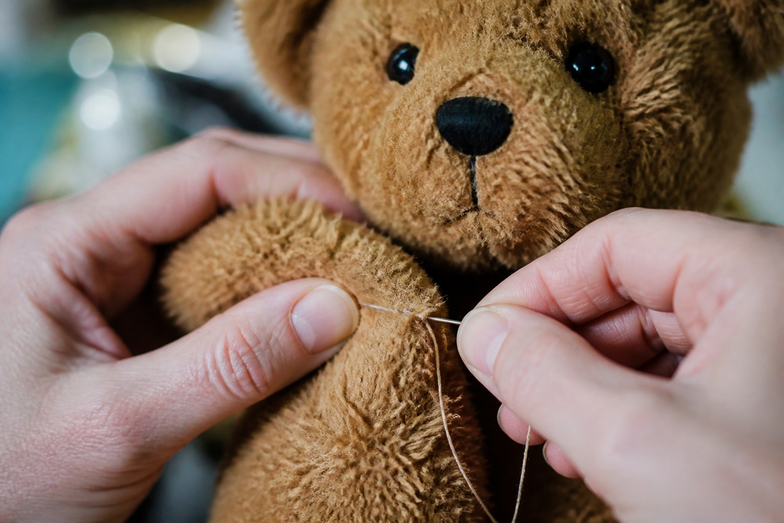 Zwei Hände schließen mit Nadel und beigem Garn die aufgeplatzte Schulternaht eines braunen Teddybären