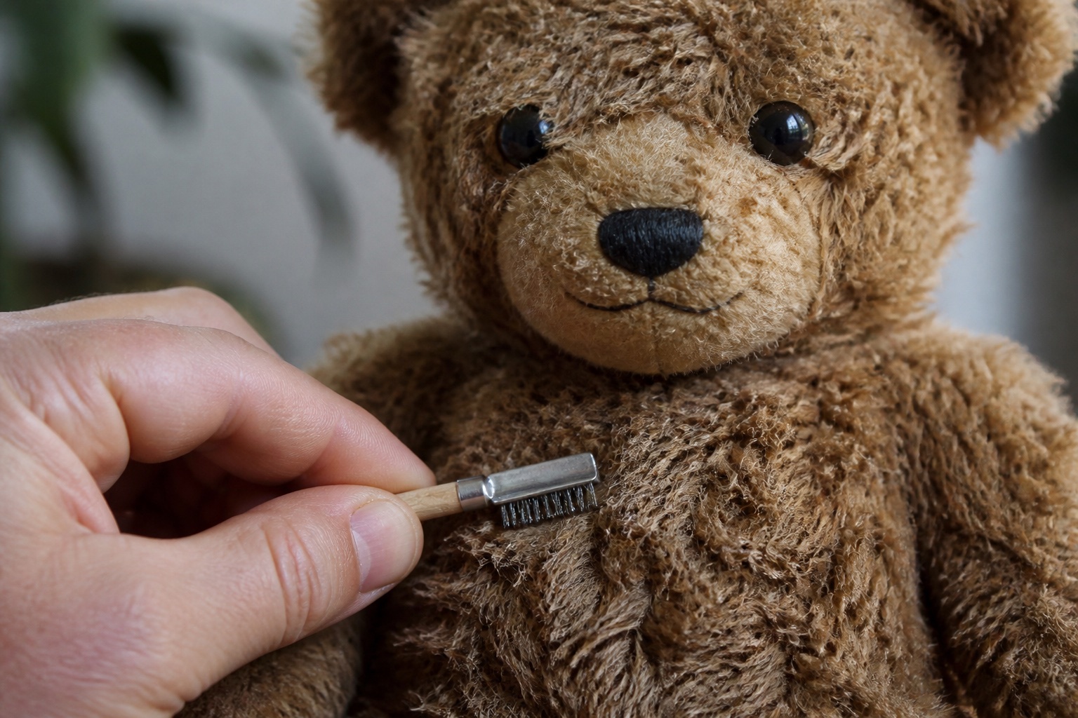 Eine Hand bürstet mit einer Zupfbürste das verfilzte Fell an der Brust eines braunen Teddybären auf