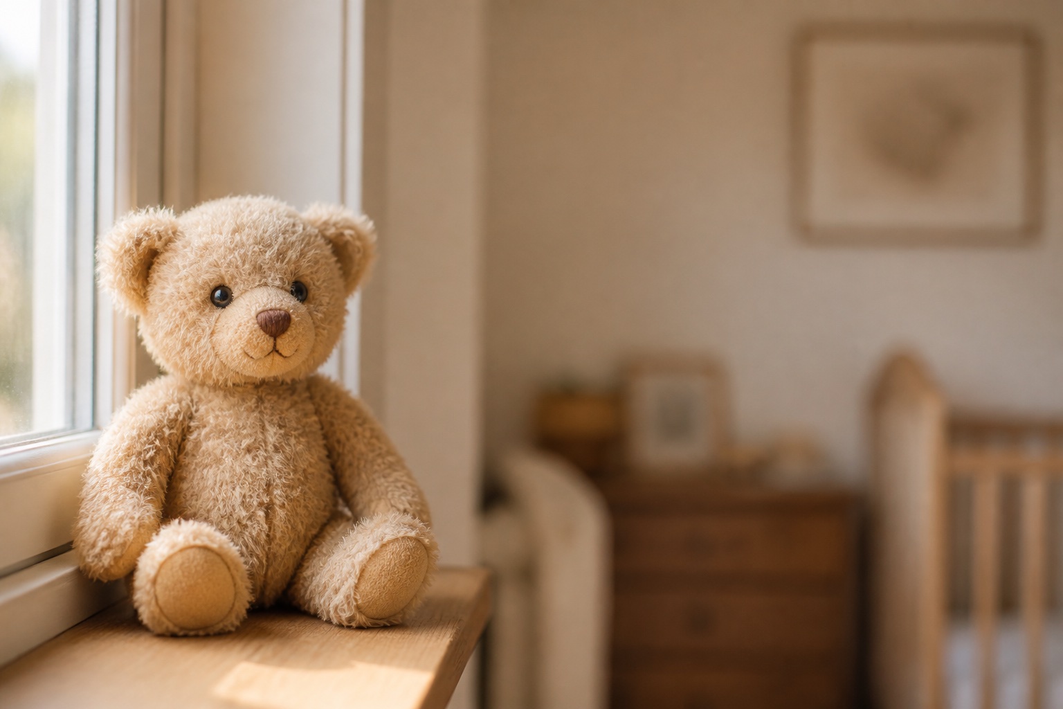 Hellbrauner Teddybär mit gestickter Nase sitzt im Morgenlicht auf einer hölzernen Fensterbank
