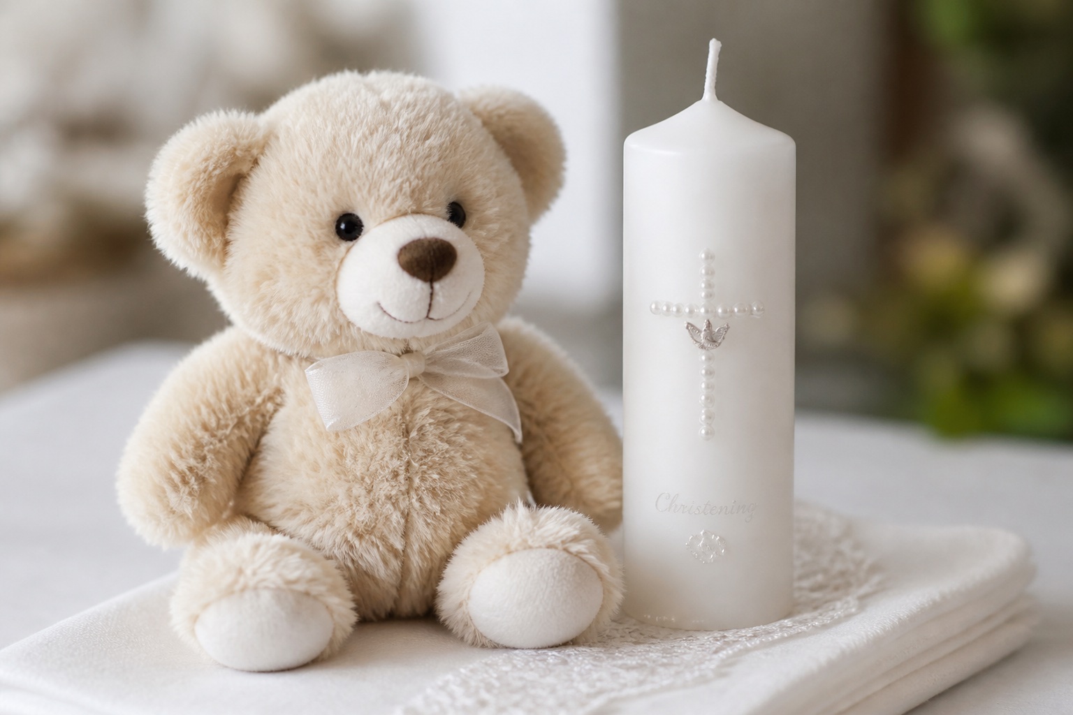 Heller Teddybär sitzt neben einer schlichten weißen Kerze auf einem gefalteten Leinentuch