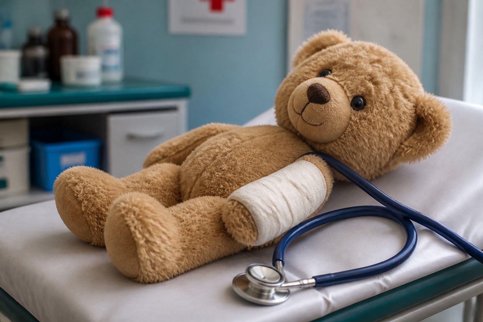 Teddybär mit einem Verband um den Arm liegt auf einer kleinen Untersuchungsliege neben einem Stethoskop