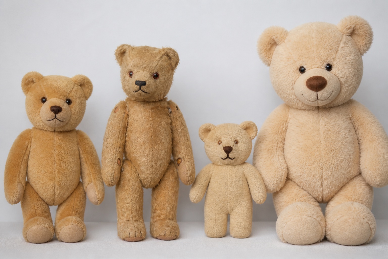 Vier Teddybären unterschiedlicher Machart nebeneinander: kurzhaariger Plüschbär, Mohairbär mit Scheibengelenken, flacher Babybär und großer Kuschelbär